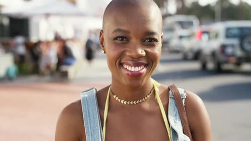 Face, travel or happy black woman with smile in New York city, street or road for freedom