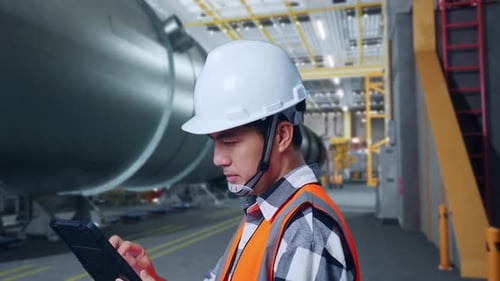 Close Up Side View Of Asian Male Engineer Working On A Tablet In Pipe Manufacturing Factory