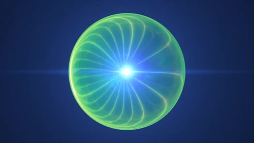Vivid yellow-green glowing sphere with a radiant blue core, symbolizing clean energy
