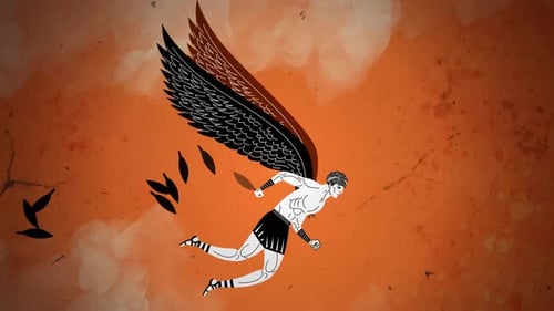 Animated Winged Man Flying with Falling Feathers