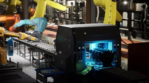 Sistema automatizado de correia transportadora em uma fábrica moderna com braços robóticos