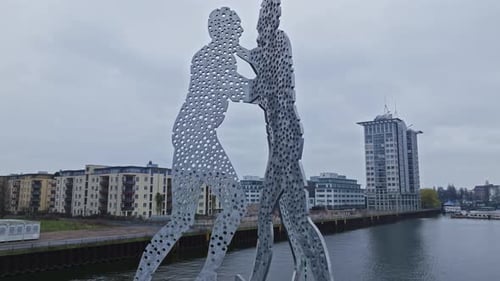 Aerial view Of Molecule Man Sculpture on Spree River , Berlin