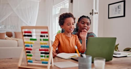 Mother, child and online education on laptop learning for virtual school with abacus for counting
