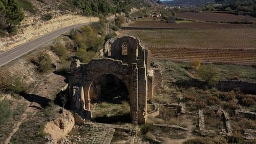 Aerial view of ruins of the abbey of Santa Maria de Vallsanta , Lleida