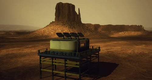 Futuristic Habitat in a Desert Landscape Under a Hazy Sky at Sunset
