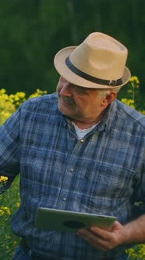 Farmer in Field Using Tablet for Crop Inspection