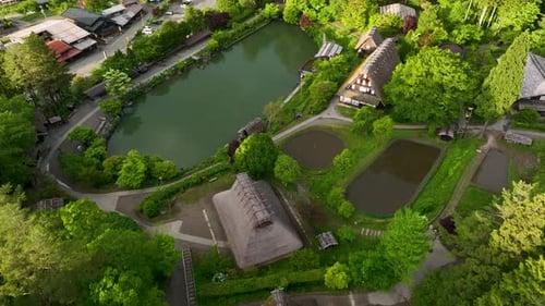 Aerial view of thatched roof houses and pond, Japan.