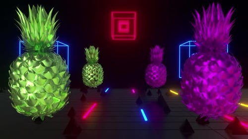 Abstract Neon Pineapples and Geometric Cubes Background Animation