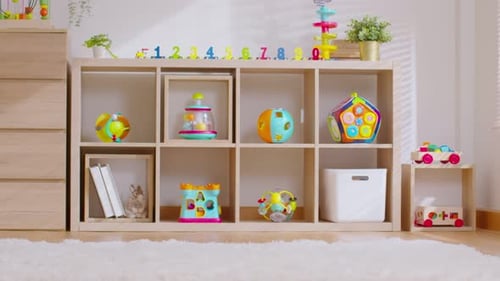 Kids Playroom Featuring Toys and Shelving Unit