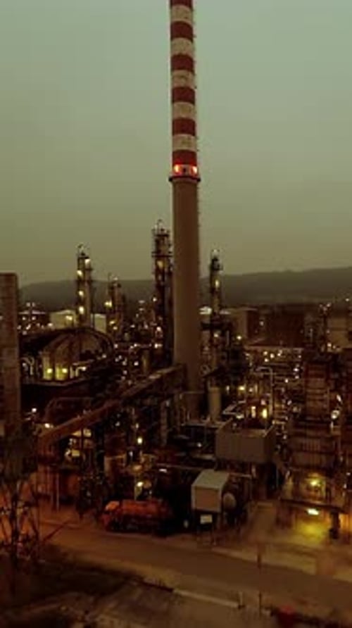 An Industrial Factory at Dusk with a Smoke Stack Showcasing Vibrant Colors and Lights