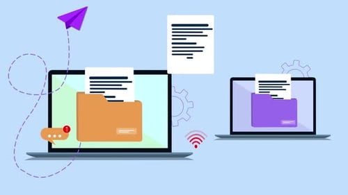 Flat Design Animation of Files Transferring Between Laptops