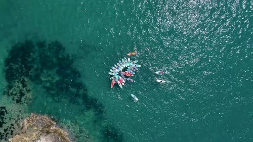 Aerial View Paddleboard Festival in the Bay with People Laughing and Relaxing