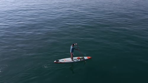 Aerial View of a Man Paddling a Standup Paddleboard or SUP Board on a Calm Sea