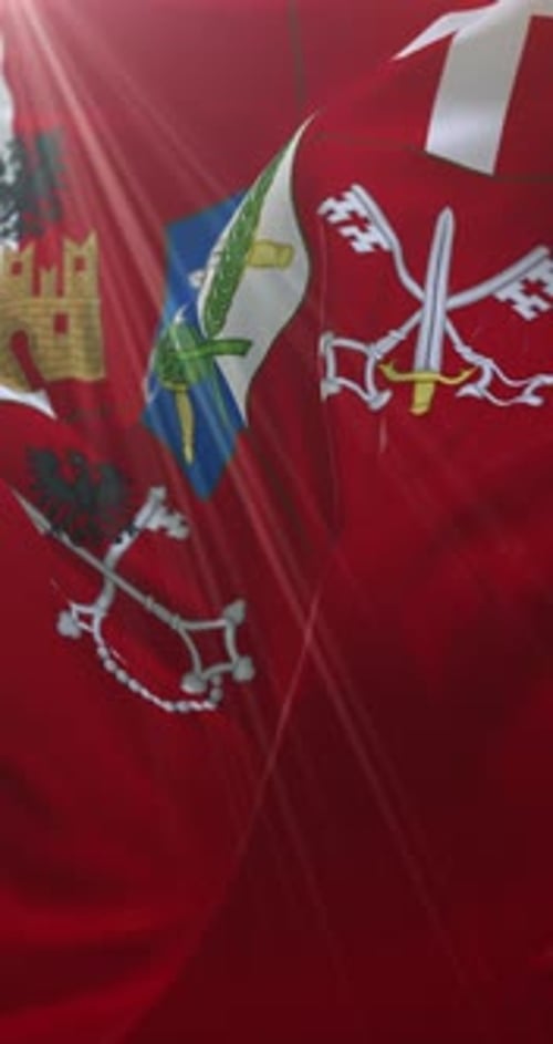 Waving Vertical Flag with Heraldic Coats of Arms