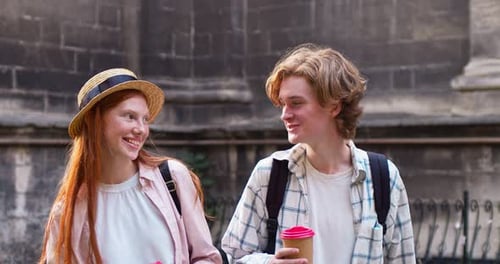 Goodlooking Couple Walking on Street of City Spending Good Time Together Young Redheaded Woman and