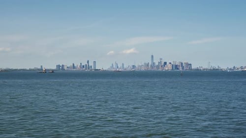 Super wide angle shot of the Financial District of Manhattan, with the One World Trade Center and th