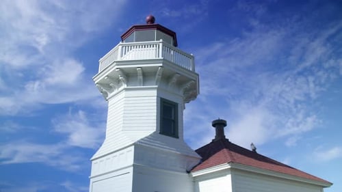 Rundblick auf einen alten Leuchtturm vor blauem Himmel mit Wolken.