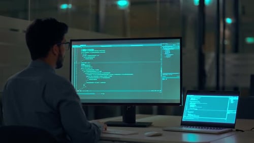 Busy Businessman Software Developer Working on Pc Computer in Dark Night Office
