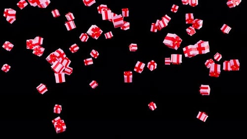 Gift boxes with ribbons are falling. 3D rendering. Alpha channel. 4K