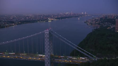 Aerial view of the landmark Sikerowski Bridge at night.