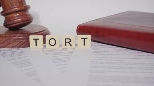 Gavel and "Tort" Tiles on Legal Document