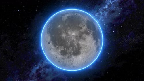 Animation des Mondplaneten vom Weltraum aus gesehen, Asteroiden, Wolke und Kosmos, nahe Umlaufbahn, Sterne. 2165