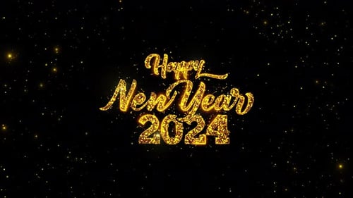 Golden 2024 Happy New Year Blast Text Title Animation Shine Flickering Firework Bokeh Background