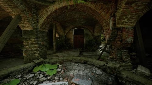 Exploración a la luz del día de una estructura de ladrillo abandonada cubierta de maleza