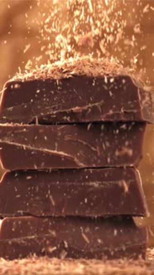 The Grated Chocolate Falls on the Chocolate Slices Filmed on a Highspeed Camera at 1000 Fps