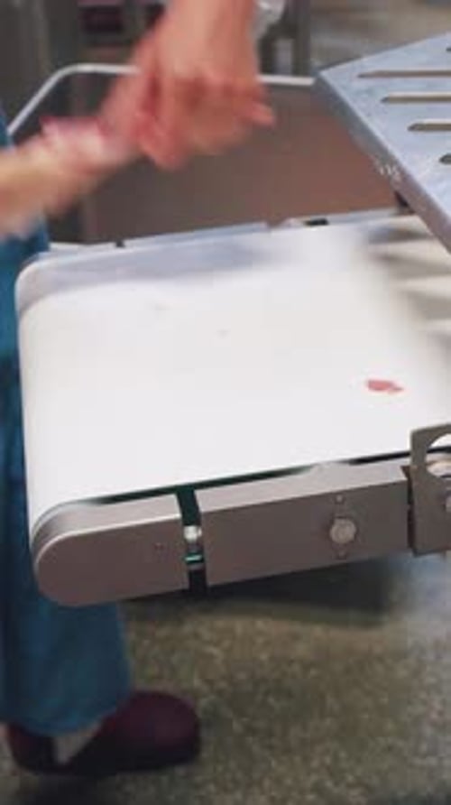 Meat Processing: Unidentified Worker Handling Meat on Conveyor