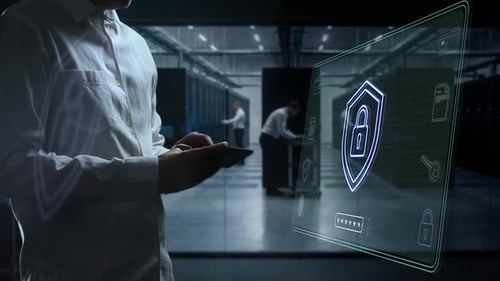 Centre de données moderne avec écrans holographiques et authentification sécurisée dans un environnement sophistiqué