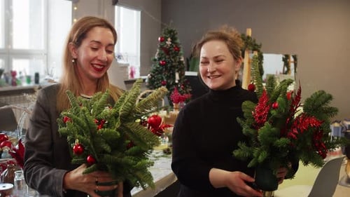 The Female Participants of the Workshop Hold Bouquets of Fir Branches in Their Hands and Communicate