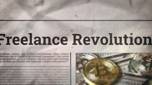Animated Newspaper Headline 'Freelance Revolution' with Bitcoin and Dollar Bills