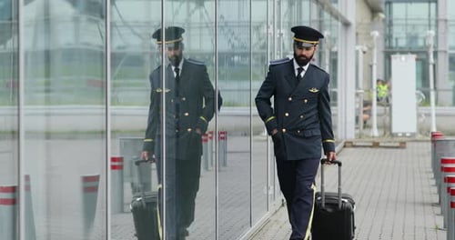 Handsome Bearded Pilot in a Uniform Walks By the Airport Terminal Receives a Message Checks the