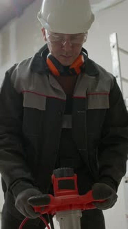 Construction Worker Operates Machine with Safety Gear Indoors
