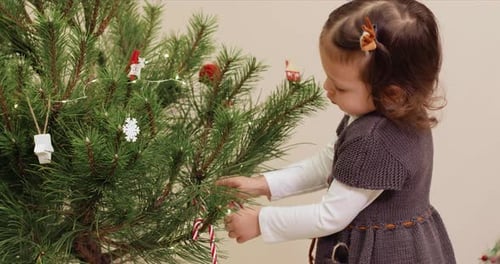 Girl Decorating Christmas Tree at Home
