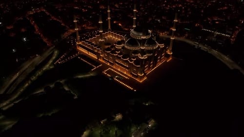 Aerial view of grand mosque at night, Turkey.