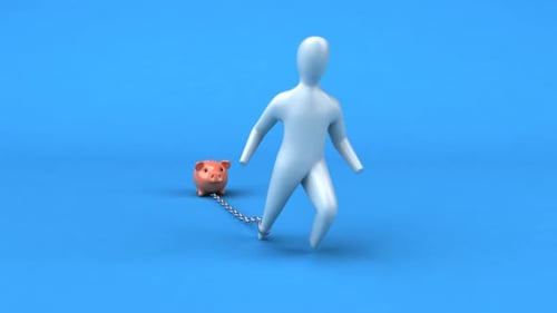 Humanoid Figure Dragging Piggy Bank on Chain Animation