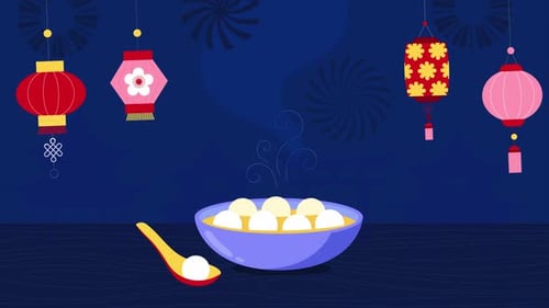 Flat Design Animation of Chinese New Year Celebration with Lanterns