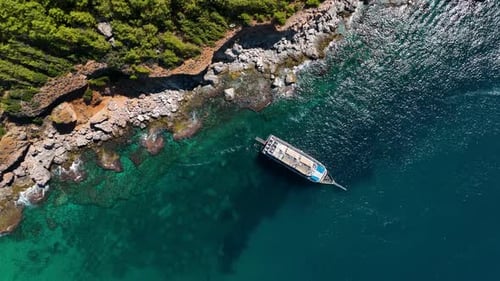 A Large Yacht Stands at Sea Aerial View 4 K Awesome Background