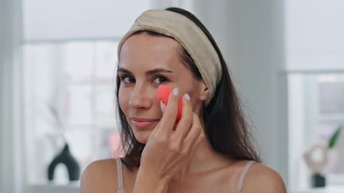 Beautiful woman applying foundation with a cosmetic sponge