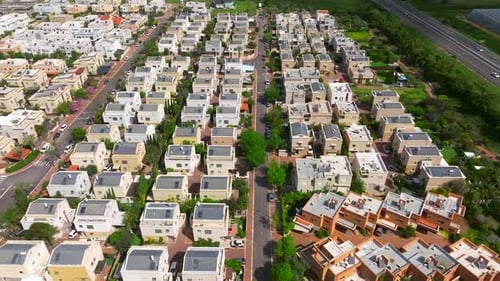 Suburban neighborhood homes with small private yards, Aerial view