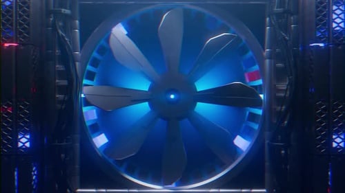 Futuristic Industrial Fan Blades Rotating with Blue Neon Glow