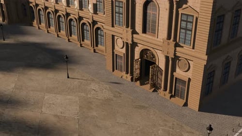 3D-Animation, die eine rot leuchtende Figur zeigt, die ein großes, antikes Gebäude betritt