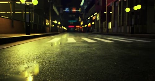 City Street at Night with Wet Pavement and Glowing Lights