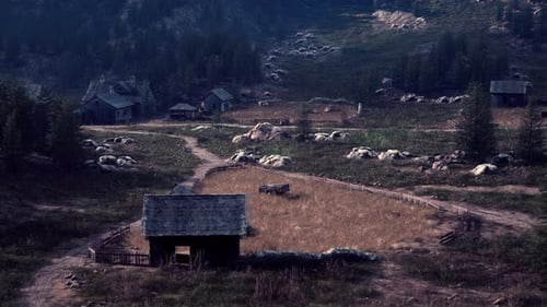 Cinematic Flyover of Rural Mountain Village Landscape