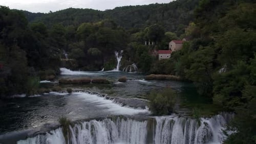 Aerial view of serene waterfall in Krka National Park, Skradinski Buk, Croatia.