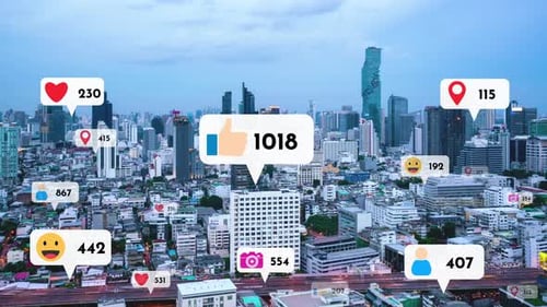 Social Media Icons Fly Over City Downtown Showing People Reciprocity Connection