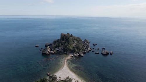 Aerial view of Isola Bella, Taormina, Messina, Sicily, Italy.
