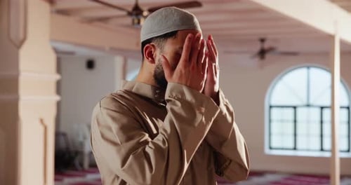 Muslim, man and ritual in mosque for opening, intention and faith in religion